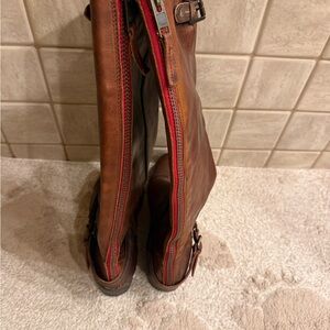 Freebird Roadey Brown Leather Heeled Boots with Back Red Zipper Trim